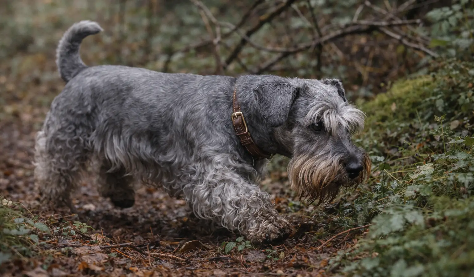 Terrier checo en acción de caza en un sotobosque húmedo