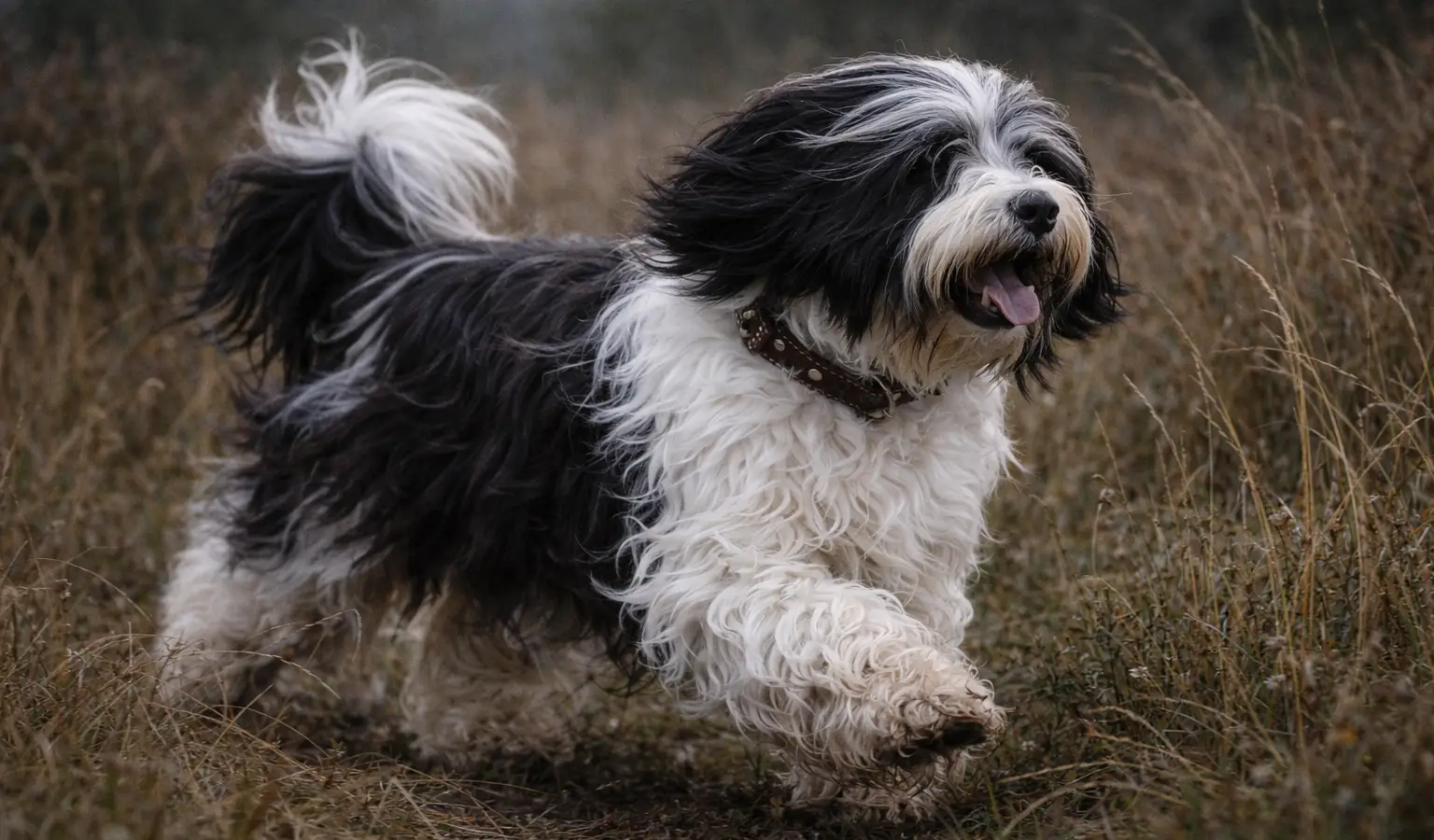 Tibetan Terrier corriendo entre hierba alta en terreno de caza