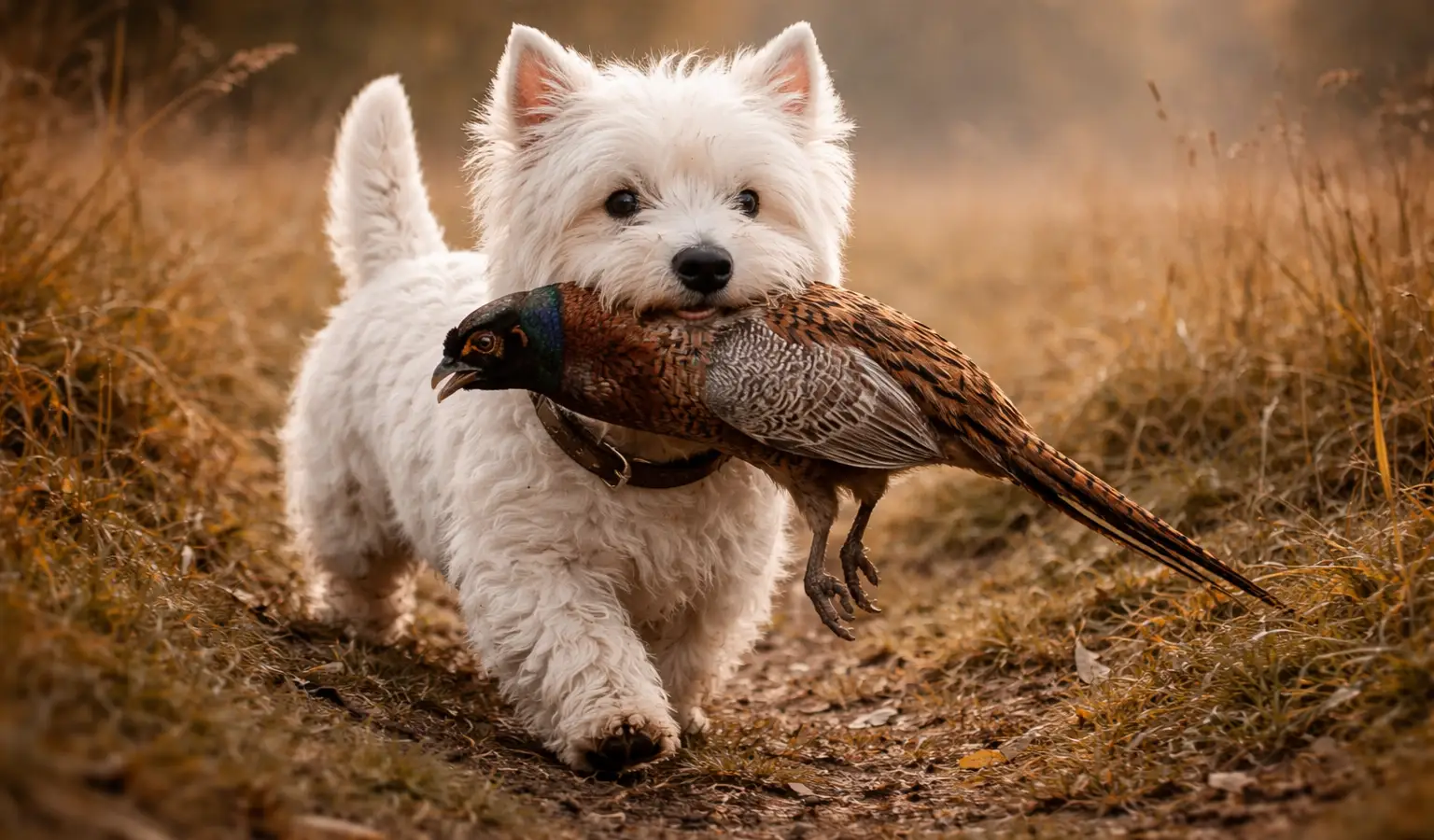 West Highland White Terrier (Westie) recuperando un faisán en un campo al amanecer
