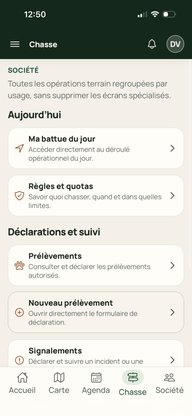 Écran réel Huntrexia avec règles, quotas et opérations de chasse