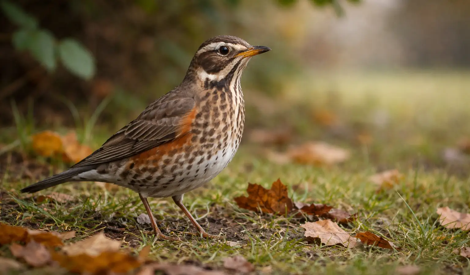 Redwing migratory thrush in woodland edge