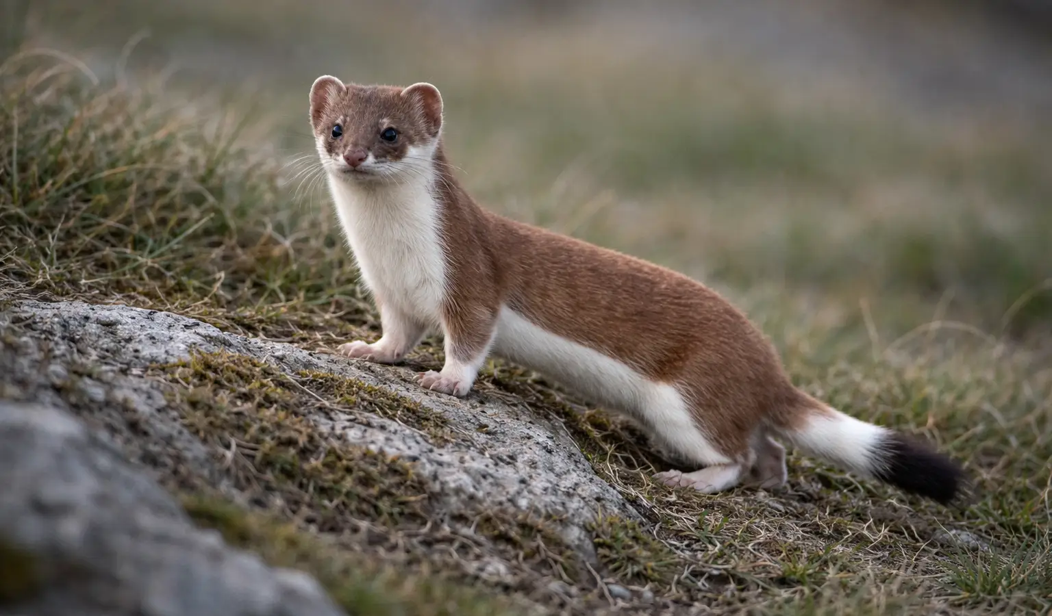 Armiño pequeño depredador en campo abierto