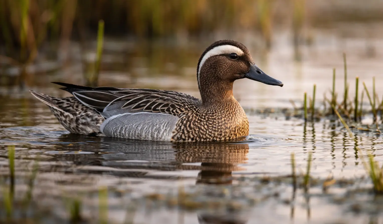 Garganey waterfowl in shallow wetland