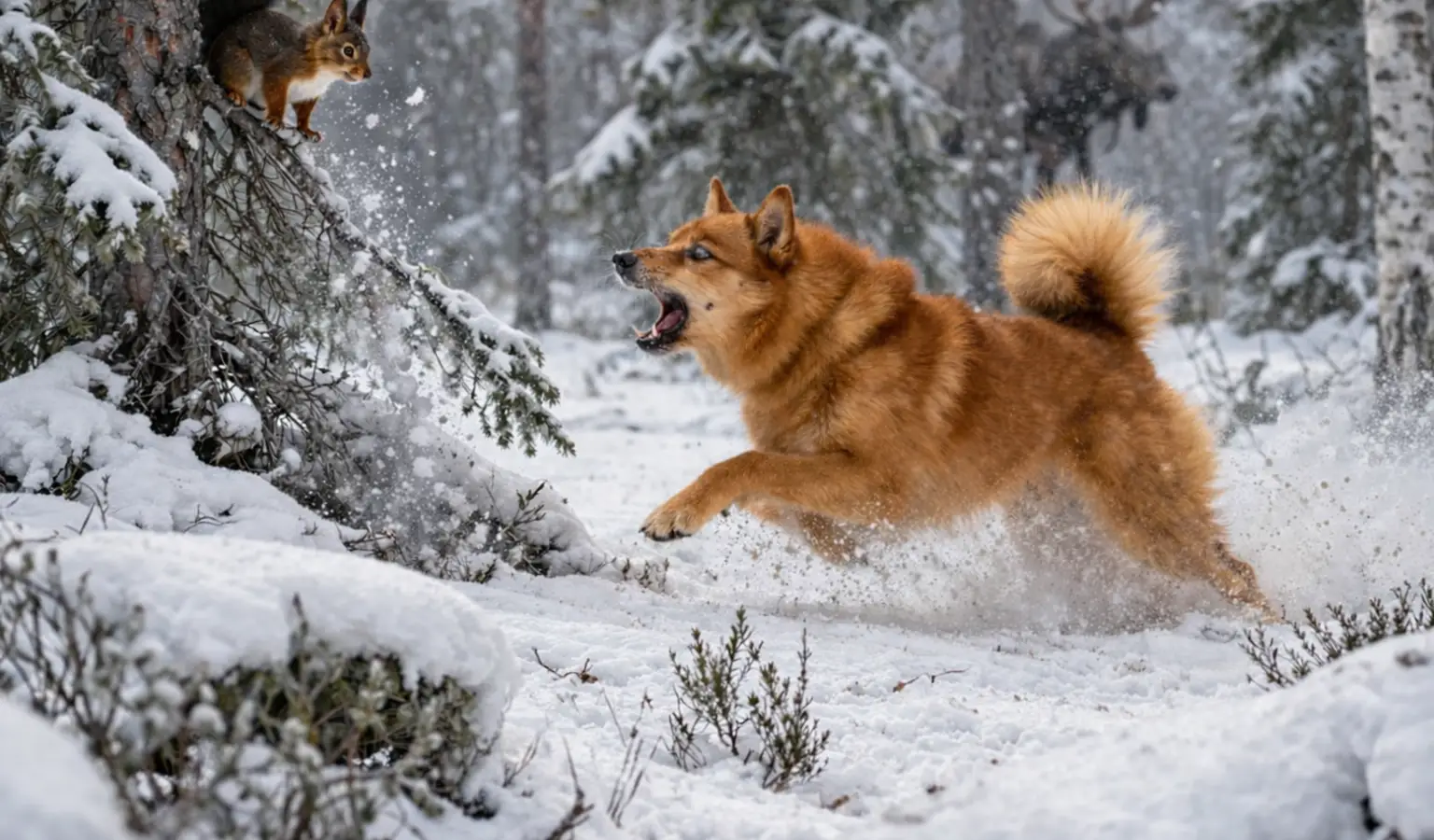 Spitz finlandés cazando en la nieve, perro nórdico especializado en aves